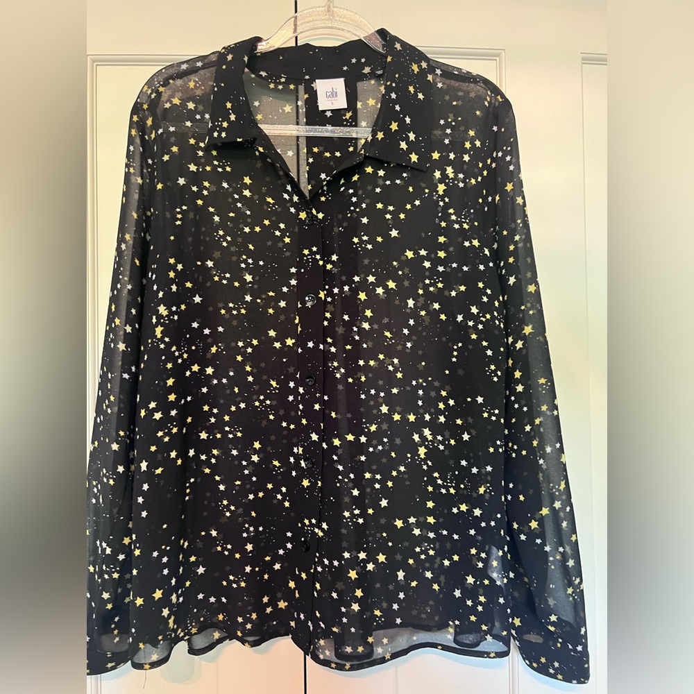 CAbi Galaxy Black Sheer Blouse with Gold Star Pattern - Picture 3 of 5